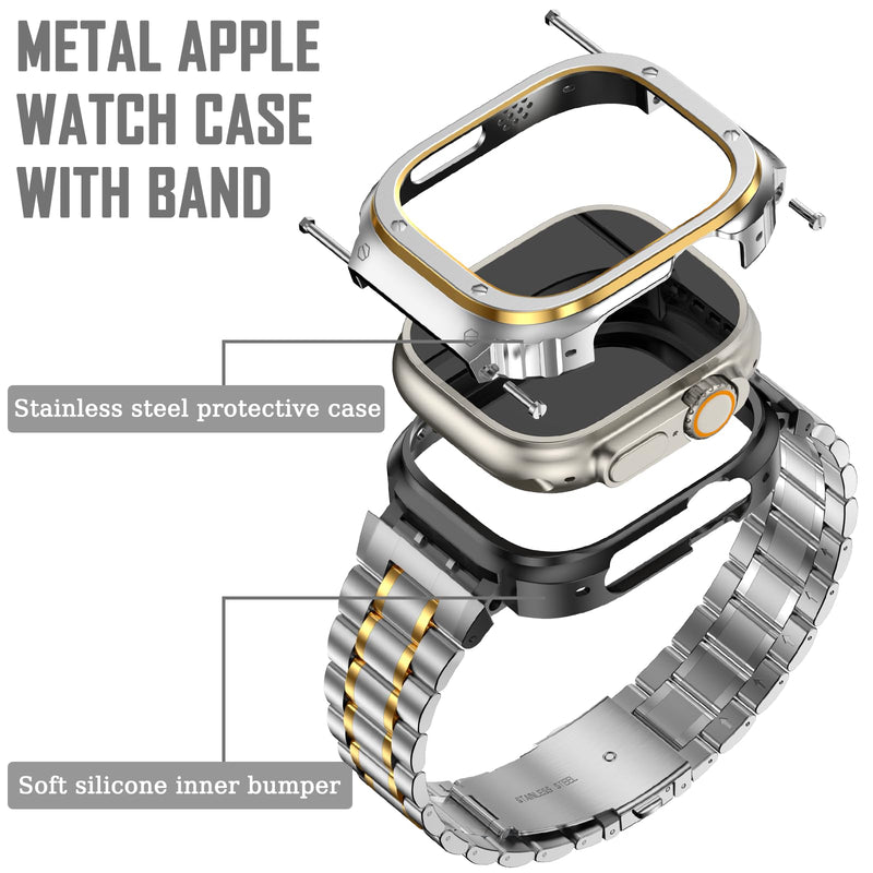 MioHHR Stainless Steel Band with Case for Apple Watch Bands Ultra 3/2/1 | Rugged Strap and Metal Protective Cover Compatible with iWatch Bands 49mm for Men Silver/Gold,Durability Silver&Gold 49mm(Ultra 3 2 1）