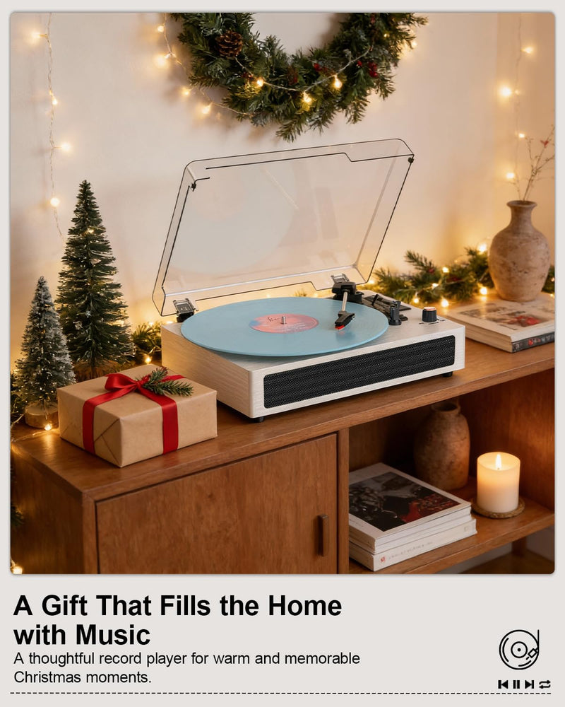 Vinyl Record Player Bluetooth Turntable, 3-Speed Retro Vinyl Player with Built-in Speakers,AUX in, Auto Stop,USB Recording, Belt-Drive LP Player White