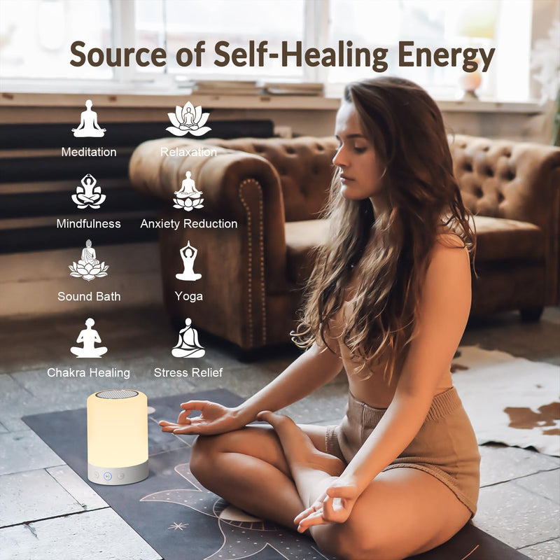 Quietbliss Tibetan Singing Bowl Machine – 9 Authentic Bowl Sounds with Adjustable Night Light for Meditation, Yoga, Chakra Healing, Stress Relief & Sleep Therapy, Timer, Portable & Touch Control