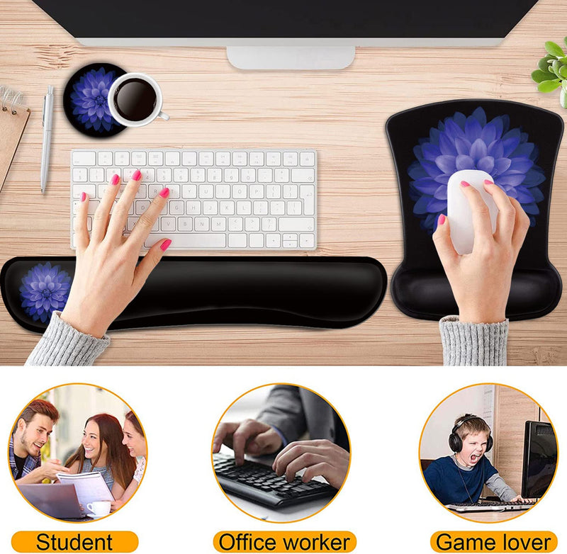 Keyboard Wrist Rest and Mouse Pad Wrist Support Set ,Purple Flowers Ergonomic Gel Mouse Pad ,Easy Typing Pain Relief, Memory Foam Keyboard Mousepad Set with Coasters Bf-mouse Pad-3-21