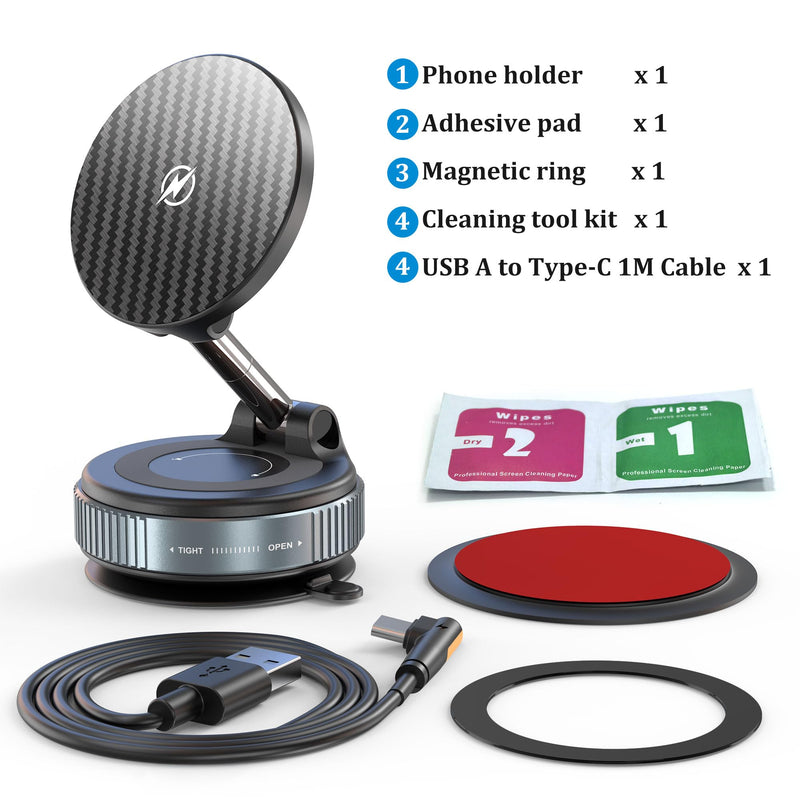 PlusAcc Vacuum Magnetic Phone Holder for Car, Mount for MagSafe, Charging | Suction Cup 360° Rotatable Strong Magnet Stand for iPhone 17/16/15/14/13 in Smooth Surface