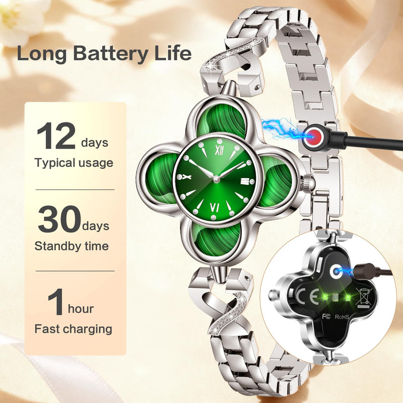 Green Lucky Clover Smart Bracelet with Quartz Clock - 24/7 Health Monitor Track Heart Rate Blood Oxygen Sleep Stress, Fitness Tracker IP68 Waterproof for Women Men, Compatible with Android iOS Phone