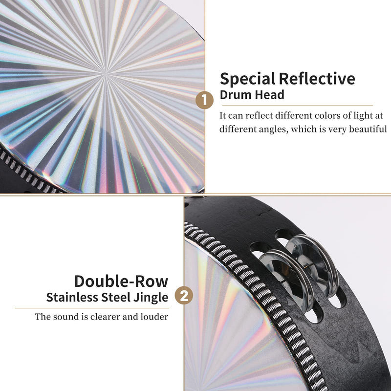 [AUSTRALIA] - Radiant Tambourines, 10 inch Tambourine with Double Row Jingle Reflective Hand Drum Percussion Handheld Drum Bell Musical Instrument Hand Held Percussion for Adults Church, KTV, Party, Games 10 inches 