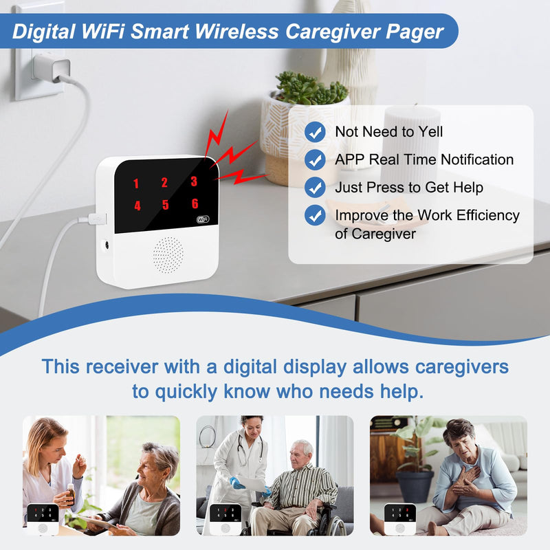 WiFi Smart Wireless Caregiver Pagers for Elderly Alert Button That Calls Cell Phone Caregiver Alert System with LED Number Display 2 SOS Call Button 1 Receiver(Only Supports 2.4GHz & No Monthly Fee) 2 Button & 1 Receiver