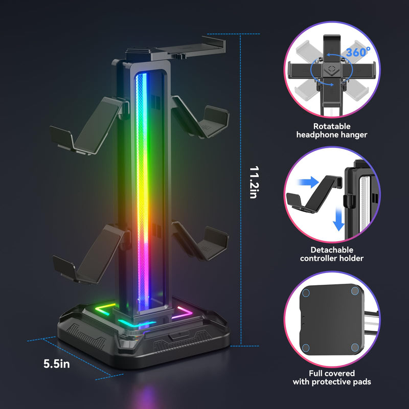 [AUSTRALIA] - KDD RGB Headset Stand with 9 Light Modes - Controller Holder for Desk - Rotatable Headphone Stand & Detachable Controller Hook for PC Earphone Accessories(Black) Black 
