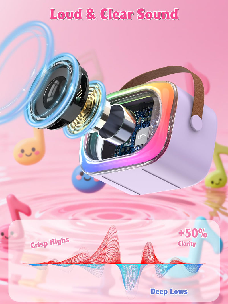 Mini Karaoke Machine for Kids Girls Boys Ages 3-12, Portable Bluetooth Speaker with 2 Wireless Microphones with Voice Changing & LED Party Lights, Birthday Gifts for Family Home Party purple