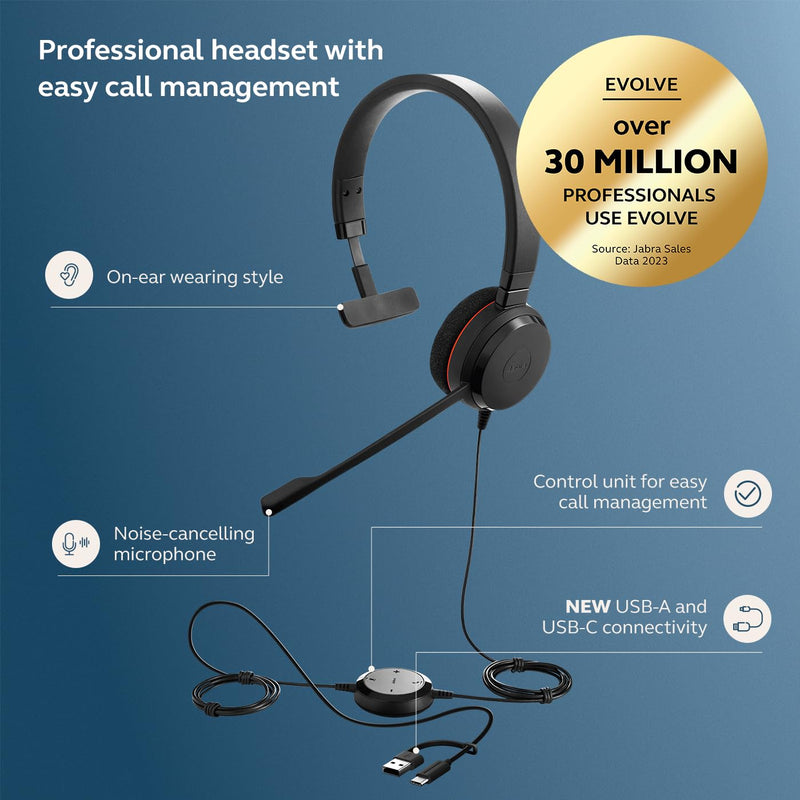 [AUSTRALIA] - Jabra Evolve 20 Wired Headset (2025 Edition) - Single-Ear Set for Office and Work from Home - Call Control - Certified for MS Teams - USB-C/A Connectivity - Black Mono Teams Certified 