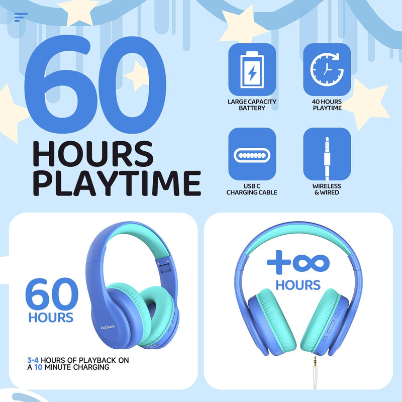 [AUSTRALIA] - Kids Bluetooth Headphones, Lightweight Kids Wireless Headphones for Kids, 85/94dB Volume Limited, 60 Hours Playtime, Bluetooth 5.3, Over-Ear Toddler Headphones with Built-in Mic-Blue Blue 