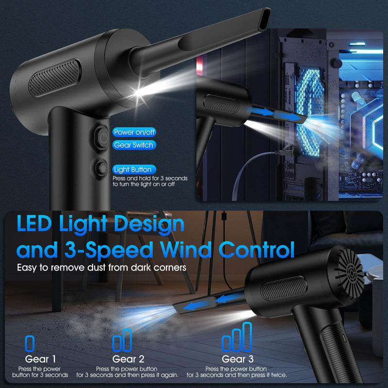 [AUSTRALIA] - Compressed Air Duster, 100000RPM Handheld Car Vacuum/Air Blower& Pump, 3 Gear Adjustable Electric Air Duster/Car Vacuum Cleaner, Keyboard Duster with LED Light-10 Kits Air Blower for Computer VC016 Black 