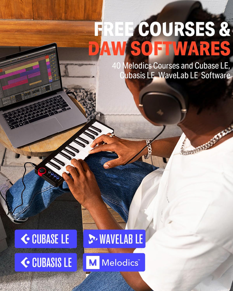 USB MIDI Keyboard Controller MINI 32-Key, Donner N-32 with Screen, Sequencer, Chord, Bend Sound Effects By Light-up Joystick for Mac/PC, Music Production Software, 40 Teaching Courses N32