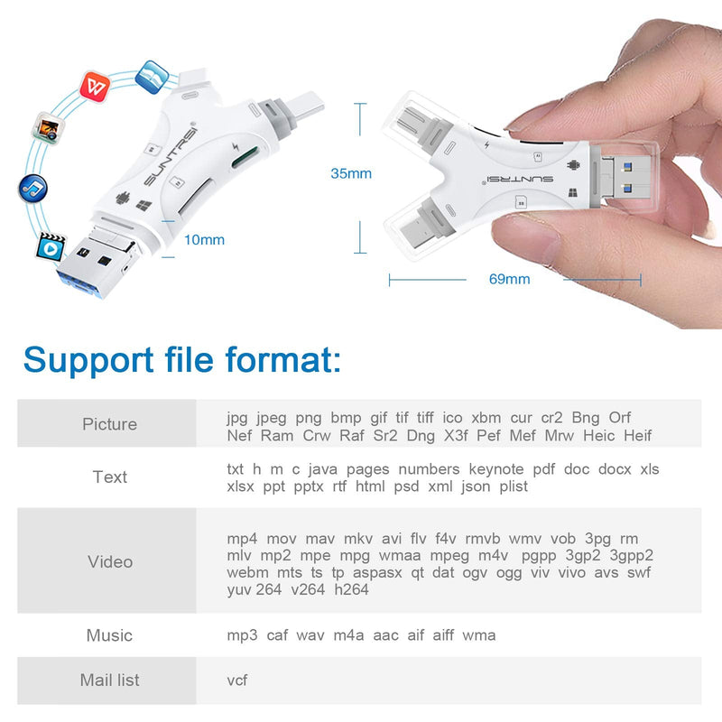 SD Card Reader for iPhone / ipad / Android / Mac / Computer / Camera,4 in1 Micro SD Card Reader Trail Camera Viewer, Portable Memory Card Reader SD Card Adapter Compatible with SD and TF Cards(White) white