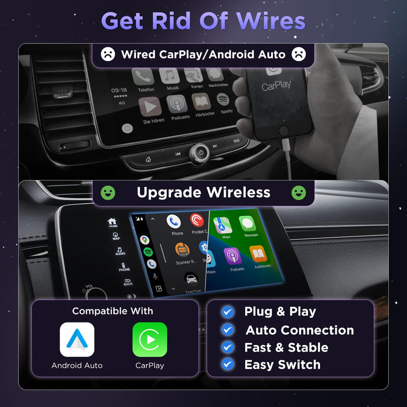 MSXTTLY 2in1 Wireless Carplay Adapter, Android Auto Wireless Adapter | Fast Auto Connect Small Dongle, 5.3 Bluetooth & 5G WiFi, Mini USB Easy Phone Switching, Enhanced Heat Dissipation Design Black