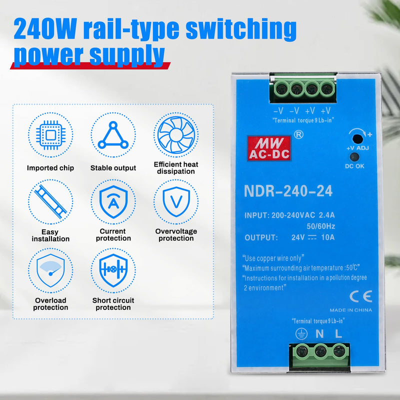 [AUSTRALIA] - 240W DIN Rail Power Supply 24V DIN Rail Switching Power Supply Input AC 100-220V 2.4A Output DC 24V 10A Multiple Protection Functions Industrial Model NDR-240W-24V 240W-10A 