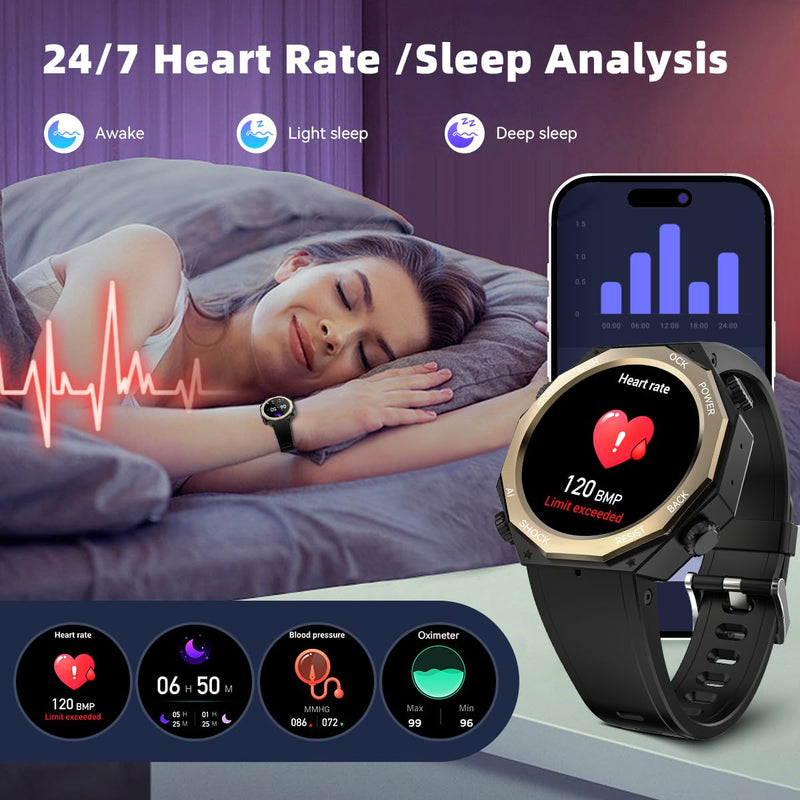 Rogbid Smart Watch for Men 680mAh 1.45" AMOLED 5ATM Waterproof Fitness Tracker Watch Heart Rate Blood Pressure Sleep Monitor Bluetooth Calls Military Sport Smartwatch for iOS Android Phones Black