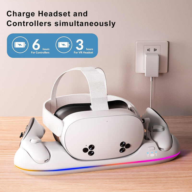 GearSpire 30W Fast Charging Dock Station for Quest 2/3/3S, White RGB LED Stand with USB-C Fast Charging, Controller Charger, VR Headset Accessories30