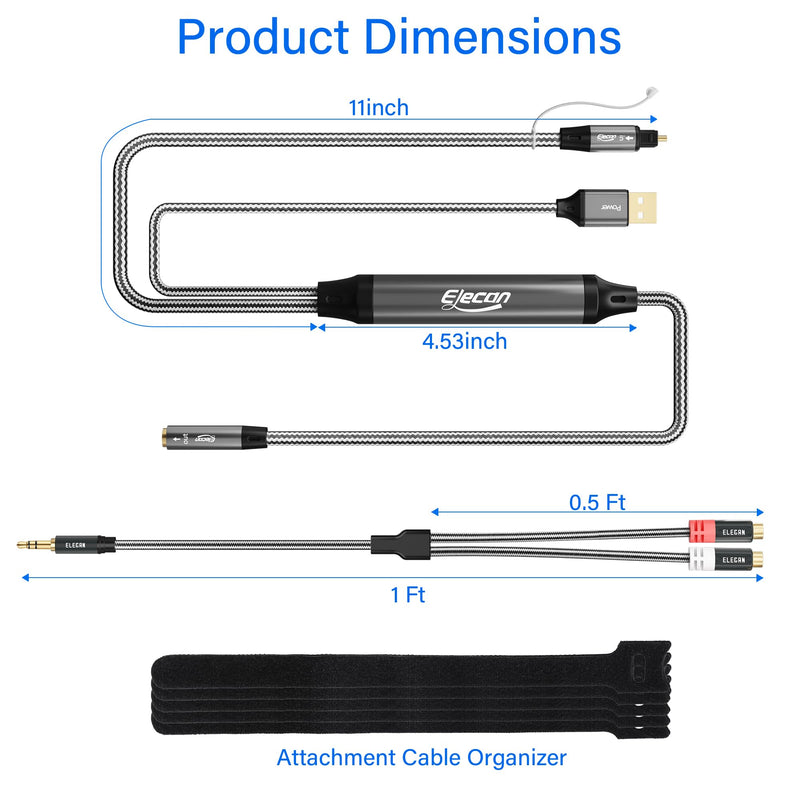Elecan Unidirectional Optical Male to 3.5mm AUX Female Audio Converter Cable 6.6 Ft, 192kHz DAC SPDIF/Toslink Digital to Analog Adapter for TV/PS4/DVD to Sound Bar Headphone+Ties &AUX to 2 RCA Adapter 6.6FT