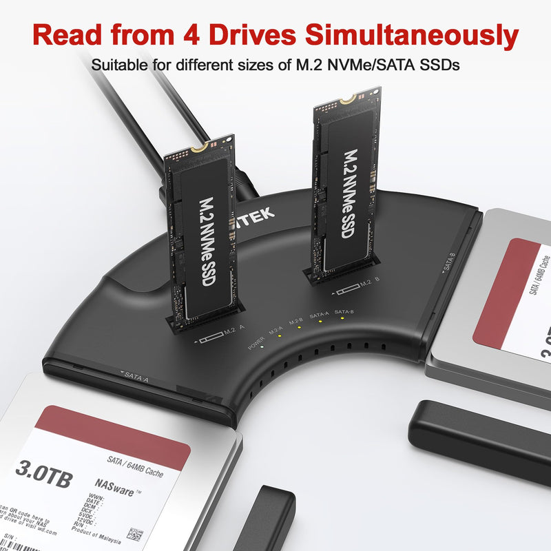 Unitek 4-Bay USB-C Adapter, 2X M.2 + 2X SATA, 10Gbps, Tool-Free | Simultaneous 4-Drive Access; 2 M.2 (NVMe/SATA) + 2 SATA (2.5/3.5"); Hot-Swap; UASP/TRIM; USB-C Cable & 12V Adapter Included Black USB-C M.2 & 2.5/3.5"