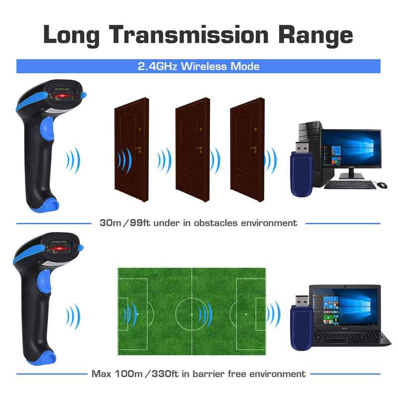 [AUSTRALIA] - WoneNice 2.4G Wireless Barcode Scanner – 1D Handheld Cordless Barcode Reader for Retail, Warehouse, Inventory – 100ft Range, Plug & Play – Compatible with Windows, Linux, POS (Blue) Blue 