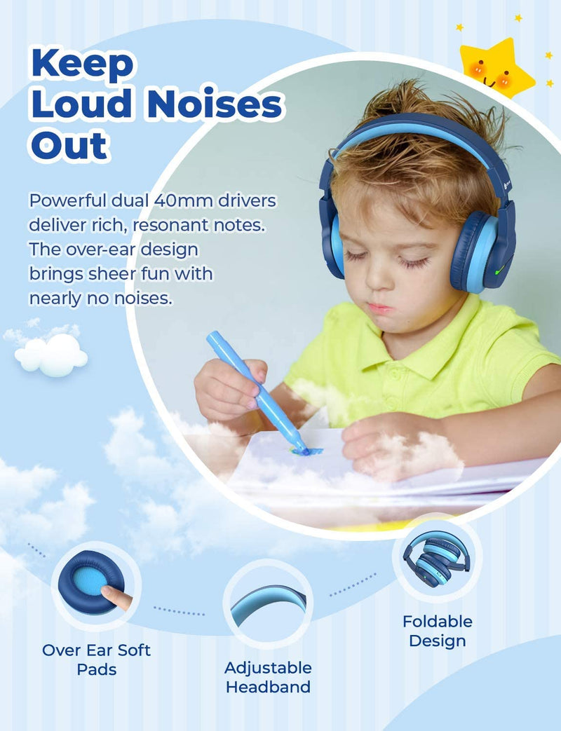 [AUSTRALIA] - iClever BTH12 Kids Bluetooth Headphones,Colorful LED Lights Wireless Kids Headphones,74/85dBA Safe Volume,85H Playtime,Bluetooth 5.2,Over Ear Headphones Built-in Mic for iPad/Tablet/Airplane,Blue Blue 