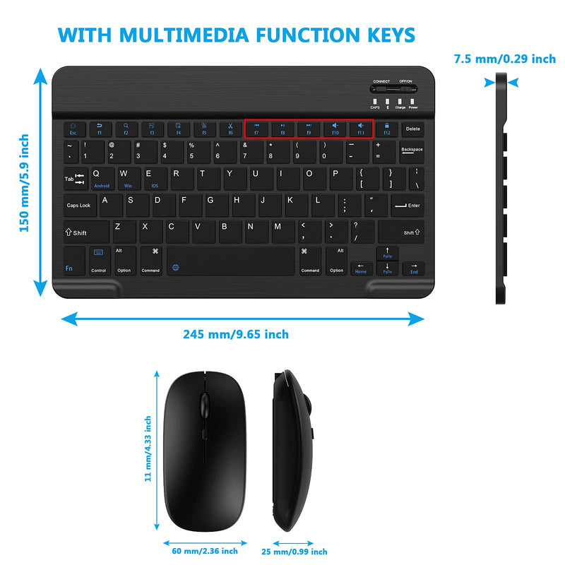 Small Bluetooth Keyboard and Mouse Combo Protable Rechargeable External Cordless Wireless Keyboard for Android Tablet Cell Phone Surface Samsung Smartphone iPhone iPad Mini Pro Air MacBook (Black) Black
