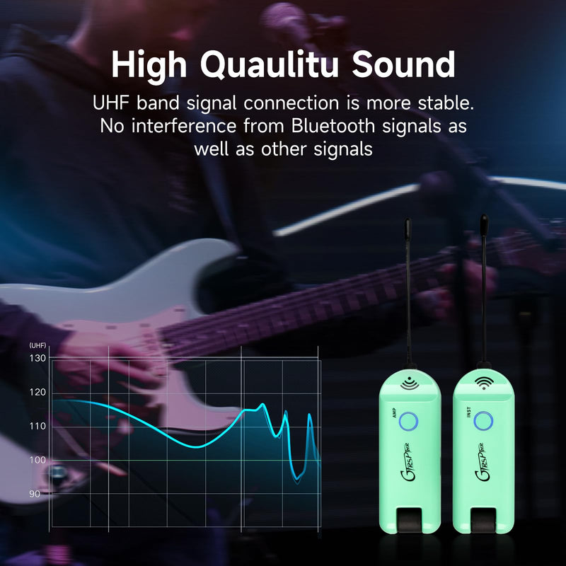 GTRS GWU4 UHF Wireless Guitar System Transmitter and Receiver 4 Signal Channels Rechargeable, Auto Match, Low Latency, 100 Feet Range, Stable Connection for Electric Guitars Bass and More (Green) GREEN