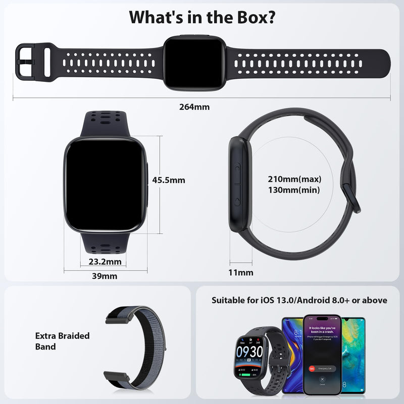 Smart Watches for Men (2 Bands), [1.85" AMOLED Screen] Fitness Tracker | Compatible with Android/iPhone, 3ATM Waterproof, Bluetooth Calls, AI Control, Heart Rate/SpO2/Sleep Monitor, 7 Days Battery Black