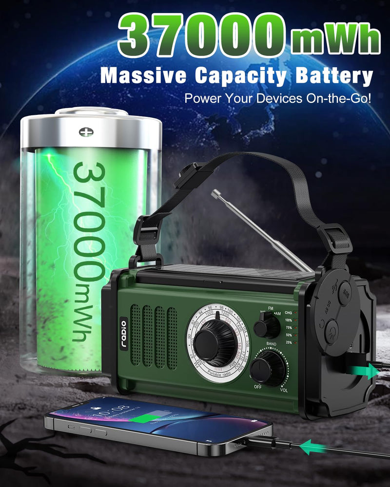 Emergency Radio, Solar Radio, 37000mWh Hand Crank Radio, NOAA AM FM Weather Radio, 5 Charging Methods, Polymer Battery, Flashlight & Reading Lamp, SOS Alarm, Phone Charger for Winter Storm Emergency Dark Green