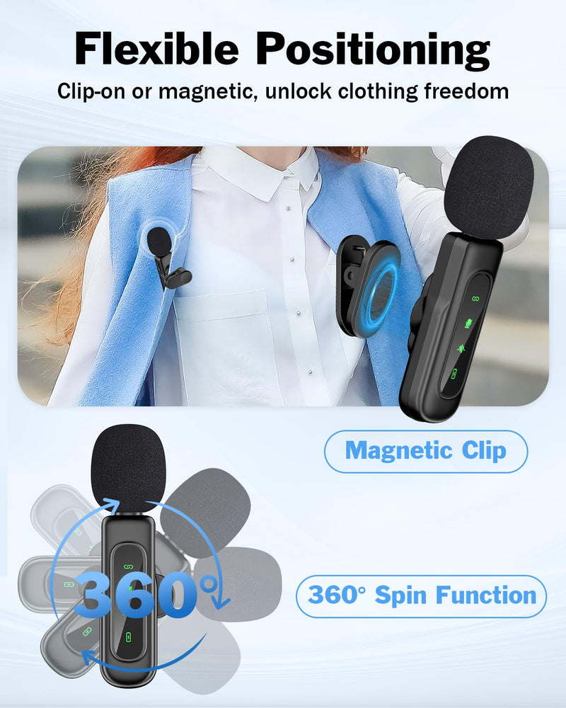 PoP voice 3in1 Wireless Lavalier Microphone for iPhone/Android/Camera/iPad, mini Microphone with Magnetic Collar Clip, Mini Lapel Lav Mic with Noise Reduction for Vlog YouTube TikTok Interview