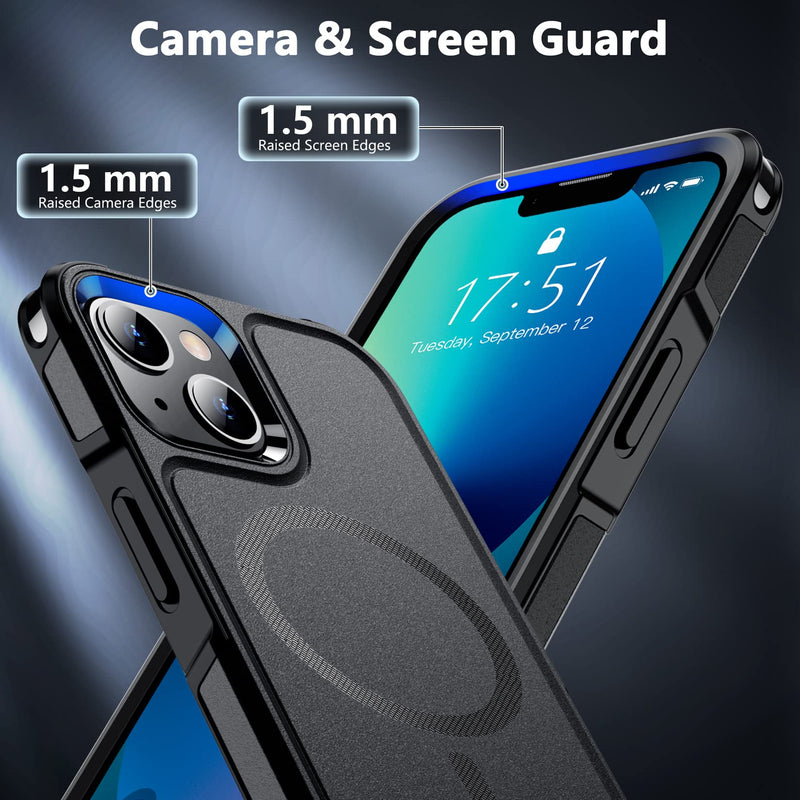 SPIDERCASE Designed for iPhone 13 Case, with [2 Pcs Tempered Glass Screen Protector] Compatible with Magsafe Shockproof Anti-Drop Military Protective Cover for iPhone 13 6.1 inch (Black) Magnetic Black