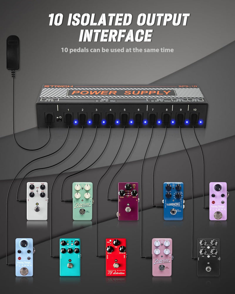 STRICH Guitar Pedal Power Supply, 10 Isolated DC Output for 9V/12V/18V Effect Pedal, 100mA 500mA Pedalboard Power Supply with Short Circuit Protection, Noise Reduction Circuit Design, SPS-10