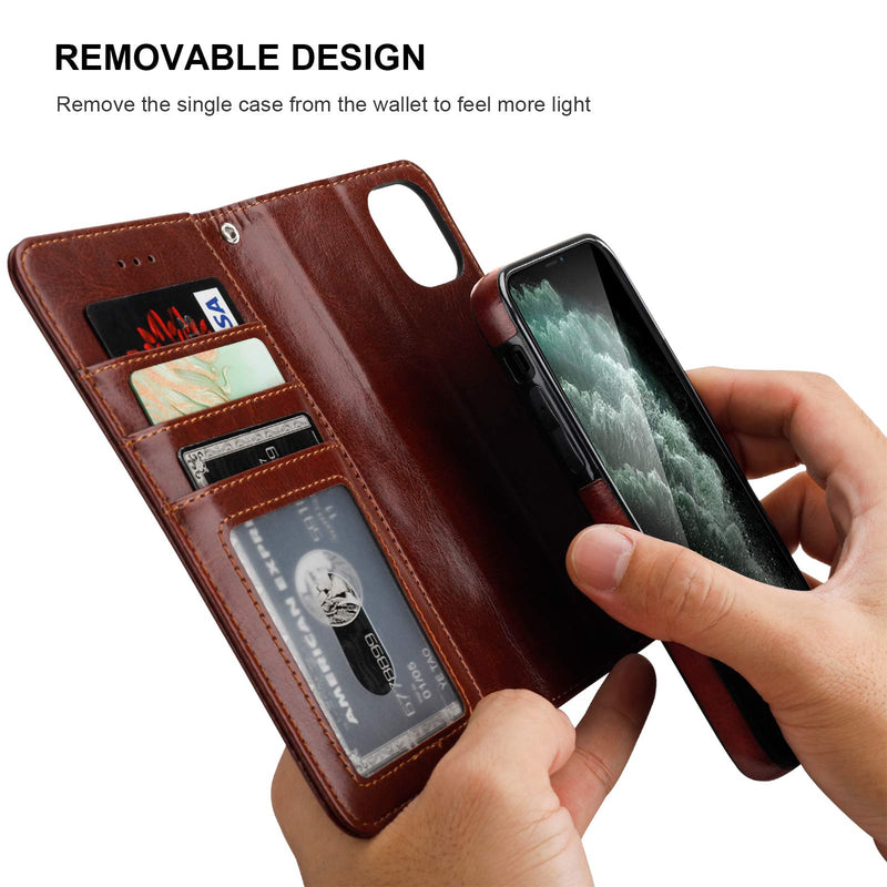 Bocasal iPhone 11 Wallet Case with Card Holder PU Leather Magnetic Detachable Kickstand Shockproof Wrist Strap Removable Flip Cover for iPhone 11 6.1 inch (Brown) Brown
