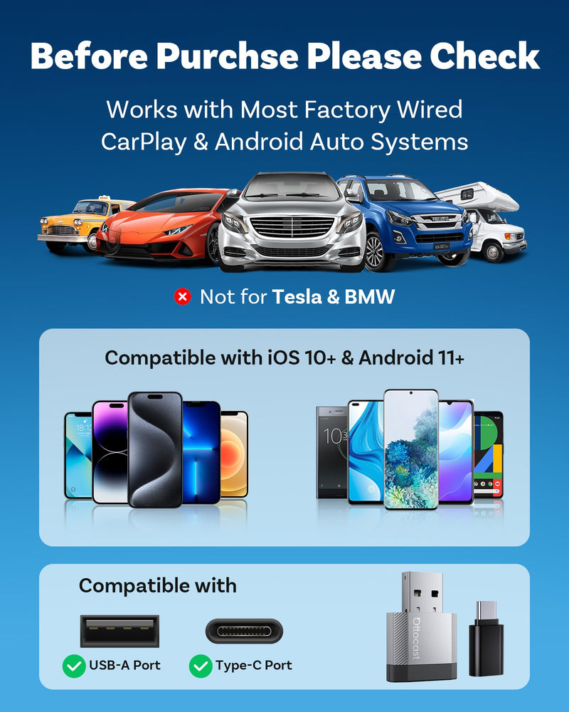 OTTOCAST Mini Nova 2-in-1 Wireless CarPlay & Android Auto AI Adapter | 2026 upgraded plug & play adapter, features built-in AI assistance including Claude, Gemini, and ChatGPT