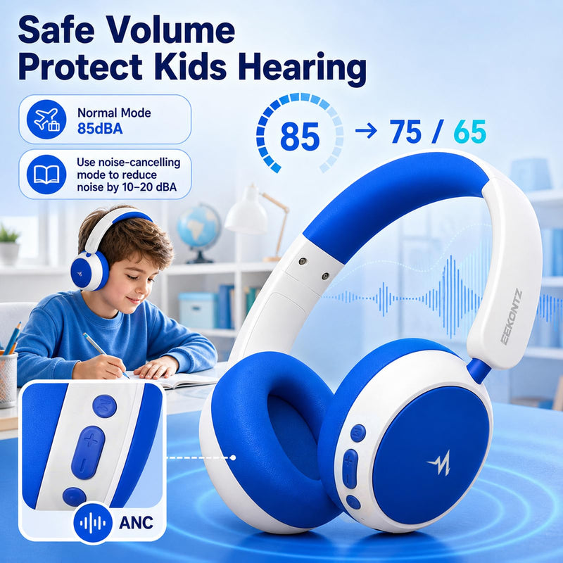 Kids Wireless Headphones,Over-Ear Headset for Boys | Active Noise Cancelling, 58H Playtime, Safe Volume, 3.5mm Wired Option for iPad/Tablet,School,Travel Blue