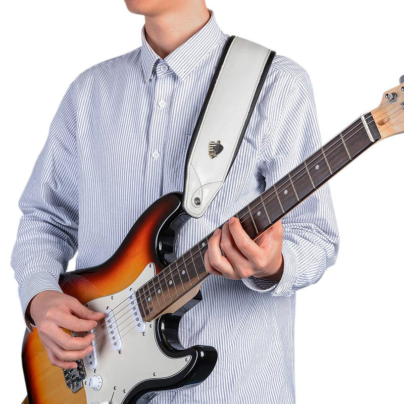 BestSounds Genuine Leather Guitar Strap for Electric & Acoustic Bass Guitar, White Padded Guitar Strap