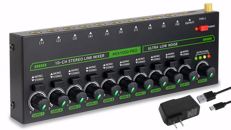 10 Channel Mixer, Compact Mini Mono/Stereo Audio Mixer Line Mixer for Sub-Mixing, Ultra-low Noise 6.35mm 1/4" TRS Input/Output, 5V/2A Sound Mixer for Mics/Keyboards Mixer/Guitars/Bass/Stage
