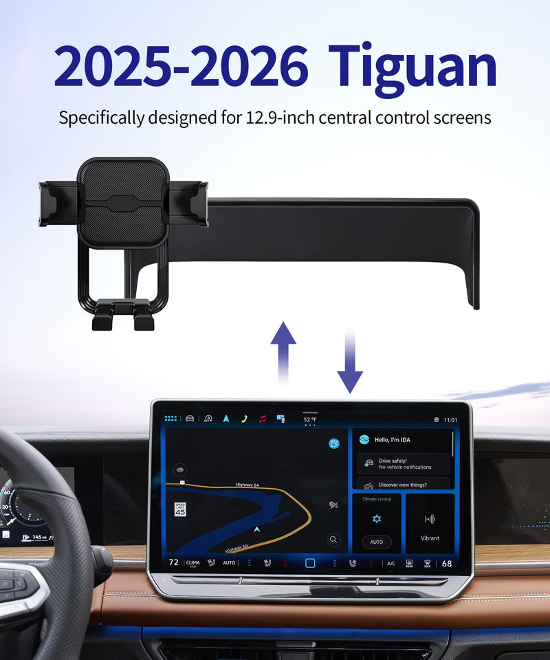 Auto Clamp Car Phone Holder for Volkswagen Tiguan 2025-2026, 12.9" Screen | Universal Mechanical Clip Cell Phone Mount Accessories Fit iPhone Android,Automobile Cradle GPS Dashboard Navigation Bracket 12.9-inch for 2025-2026 Tiguan