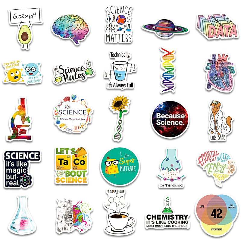 Aowplc 100 Pcs Natural Sciences Stickers Pack, Physics, Chemistry, Biology Experiment Vinyl Stickers, Student Science Laboratory Decals for Laptop, Water Bottle, Notebook, Luggage, Computer Decor