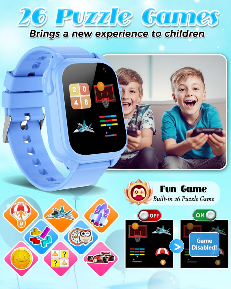 Waterproof Smart Watch for Kids 3-12 Years Old Boys Toys with 26 Games, Video Camera, Pedometer, Music Player, Alarm Clock, Flashlight, HD Touchscreen Toddler Watches Girls Birthdays Gifts (Blue) Blue