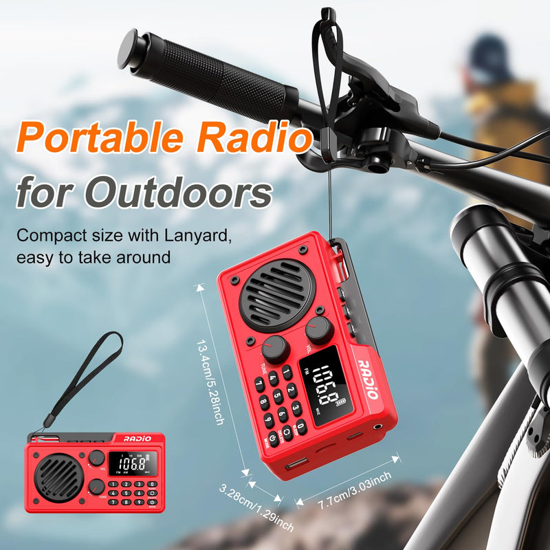 [AUSTRALIA] - Portable Radio AM FM 1500mAh Rechargeable with Best Reception, Transistor shortwave Radio Wireless Bluetooth Speaker, with Large LCD Screen, Support TF Card U Disk, Earphone, Sleep Timer (Red) Red 
