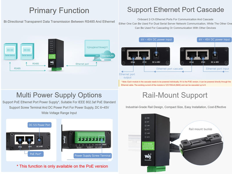waveshare 2-Ch RS485 to POE Ethernet Converter Industrial Isolated Serial Server, 2-Ch RS485 Independent Operation, Dual POE ETH Ports, Modbus Gateway MQTT Gateway JSON Support, Rail-Mount Metal Case