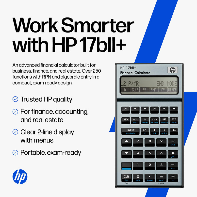 HP 17bII+ Financial Calculator – 250+ Professional Functions for Business, Finance & Accounting – RPN, Algebraic Entry, College Math Solver, 2-Line Display, 28KB Memory – Includes Case, Cleaning Cloth | For business, finance and accounting, college mat...