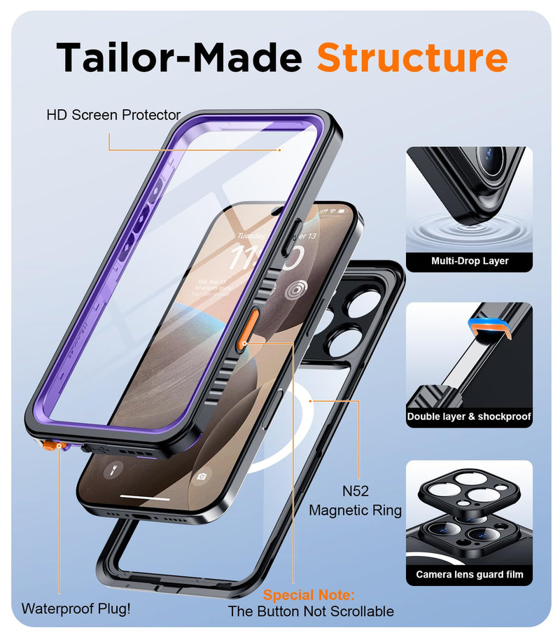 Magnetic for iPhone 16 Pro Max Case Waterproof,Built-in Screen Protector[IP68 Underwater][Upgrade Military Dropproof][Compatible with MagSafe] Full Body Shockproof Case-Purple
