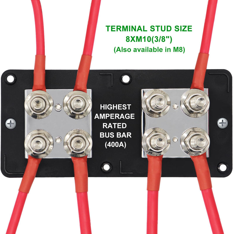 400A Busbar 12V-48V DC Heavy Duty Copper Power Distribution Block 8XM10 (3/8") Terminal Studs Positive Negative Independent Module with Cover Battery Bus Bar for Car RV Truck Boat (Red&Black)