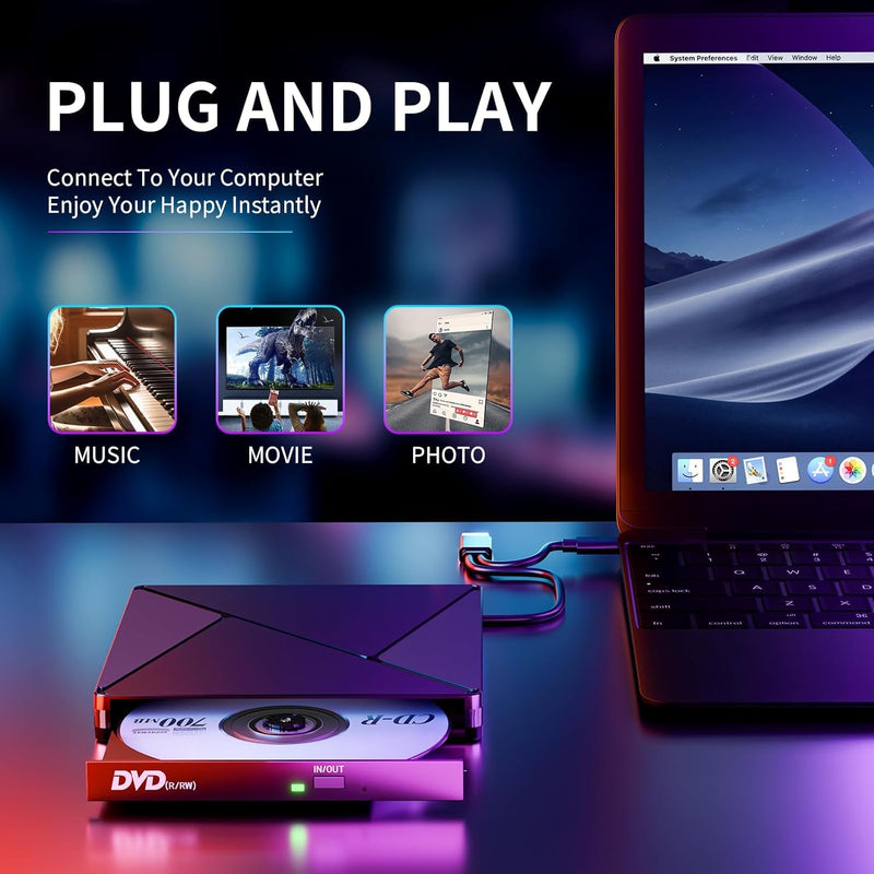 DVD Player for Laptop, External CD Drive for Mac, USB 3.0 USB C Portable CD Burner External Disk Drive, DVD Reader Writer ROM Drive Compatible with Laptop,Windows 10/8/7 Linux Standard+Carry Bag