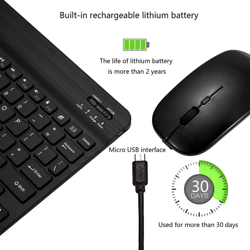 Ultra-Slim Bluetooth Keyboard and Mouse Combo Rechargeable Portable Wireless Keyboard Mouse Set for Apple iPad iPhone iOS 13 and Above Samsung Tablet Phone Smartphone Android Windows (Black) Black