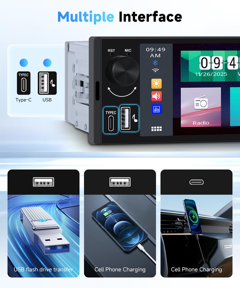 Single Din Car Stereo with 6.36 Inch Touch Screen, Wireless CarPlay & Android Auto, Mirror Link, Online Video, Bluetooth, FM Radio, 16-Band EQ, Backup Camera Included, SWC, USB/Type-C, Physical Knobs