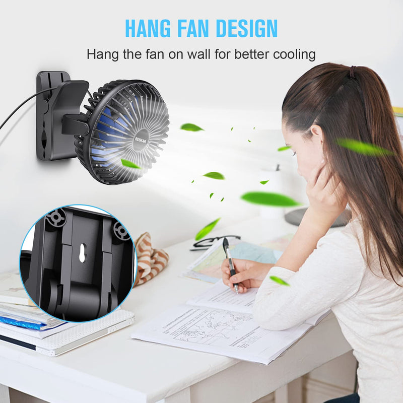 BESKAR USB Powered Clip on Fan, 6 Inch Portable Fan with Cord, 3 Speeds Strong Airflow, Small Fan with Sturdy Clamp, Quiet Personal Desk Fan & Clip Fan Black Blue Blades