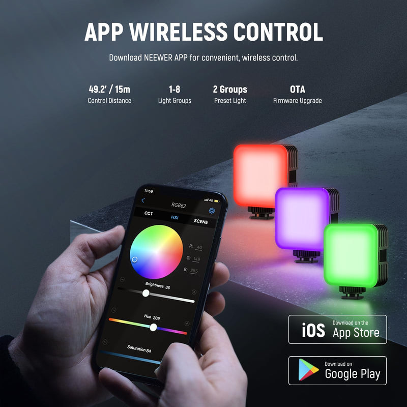 [AUSTRALIA] - NEEWER RGB62 Magnetic RGB Video Light with Upgraded APP Control, 360° Full Color LED Camera Light with 3 Cold Shoes CRI97+ 2500K-8500K 17 Scenes 2000mAh Rechargeable Portable Photography Lighting camera light with app control 