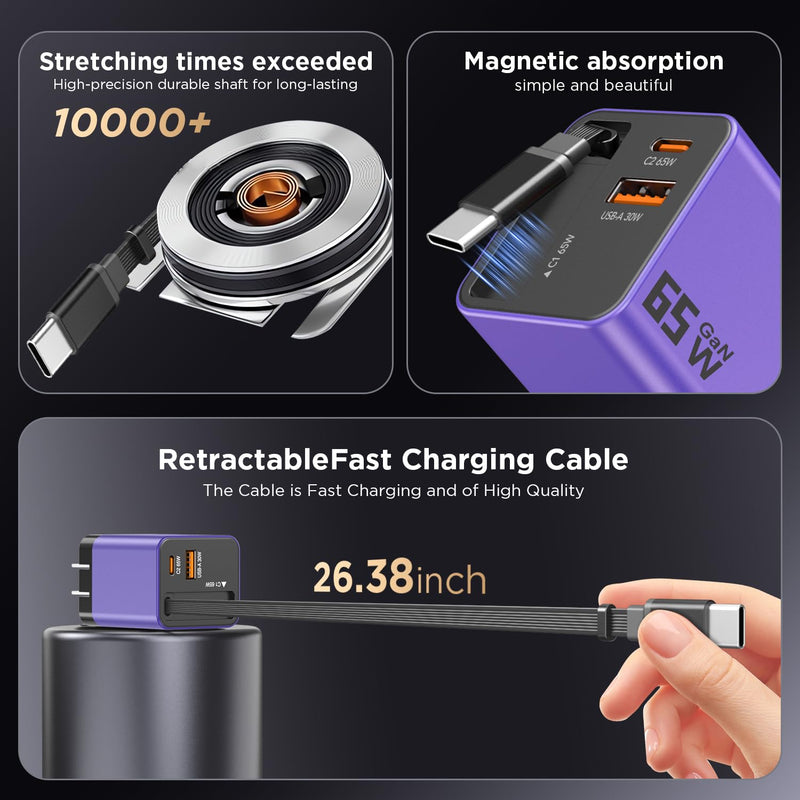 65W GaN USB C Charger 3-Port with Retractable 0.7m Cable(Purple) | Fast charging plug compatible with MacBook Pro/Air, iPhone 17/16/15, iPad, Galaxy S25/S24, Steam Deck and more devices Purple