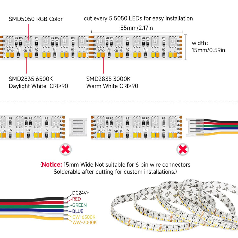 BTF-LIGHTING Double Row 270Leds/M RGBCCT LED Strip Light - 5050RGB+2835,Brighter Tunable White 2700K-6500K & RGB, 24VDC 16.4Ft, for Kitchen, Living Room,15mm Width,IP30, RA>90 (No Adapter/Controller) 270LEDs/m-IP30 White PCB-DC24V
